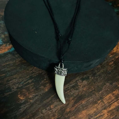 THE MEN THING Leather Necklace REGAL CROWN - Faux Ivory Tusk Pendant, Antique Silver Crown with Black Cotton Cord Adjustable Necklace for Men and Boys.