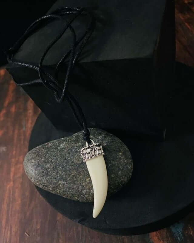THE MEN THING Leather Necklace REGAL CROWN - Faux Ivory Tusk Pendant, Antique Silver Crown with Black Cotton Cord Adjustable Necklace for Men and Boys.