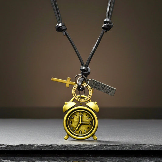 THE MEN THING Leather Necklace RETRO VINTAGE CLOCK – 1.8-Inch Pure Stainless Steel Pendant with Adjustable Leather Rope for Men & Boys