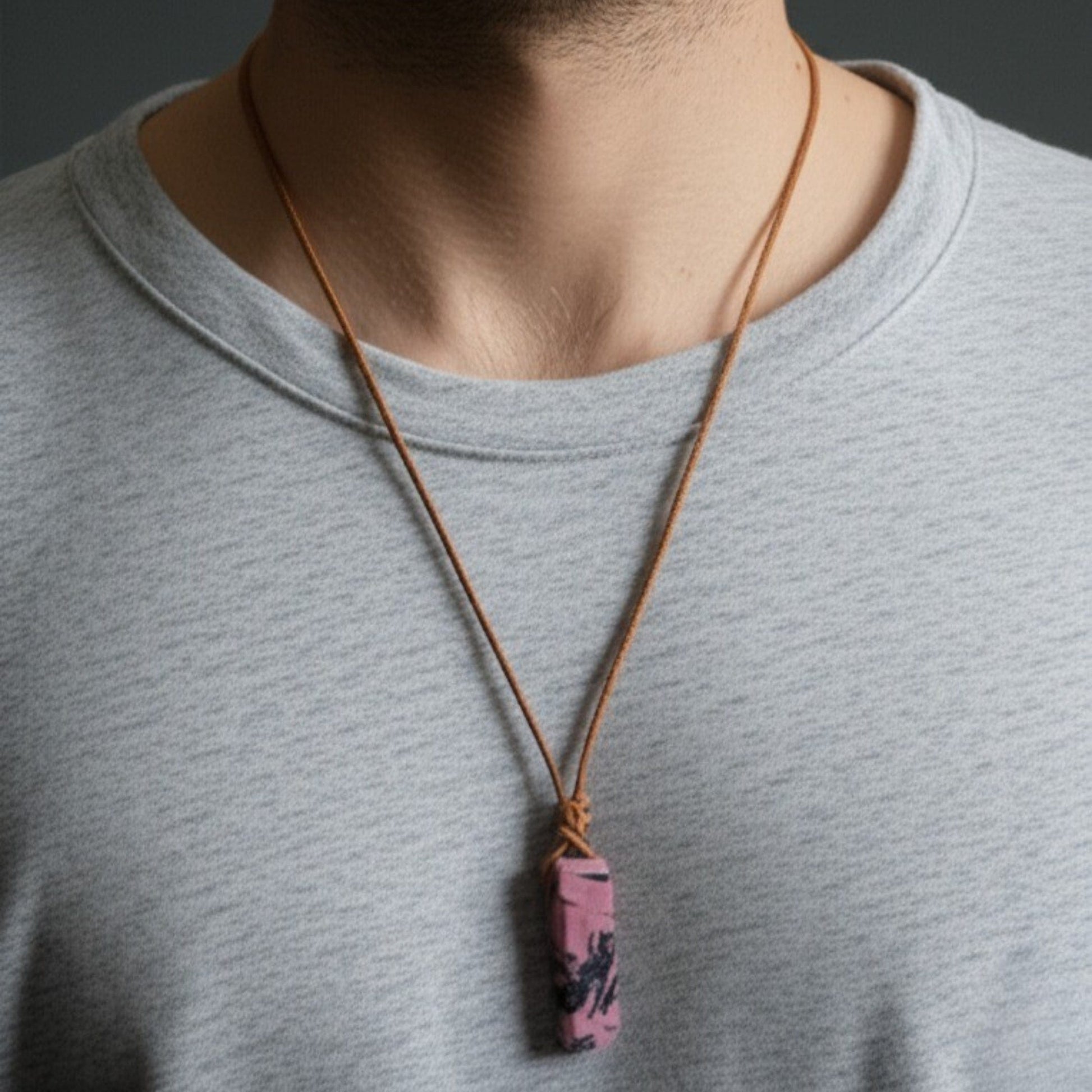 THE MEN THING Leather Necklace RHODONITE BLOOM - Natural Crystal Pendant with Adjustable Pure Leather Cord Necklace for Men & Boys