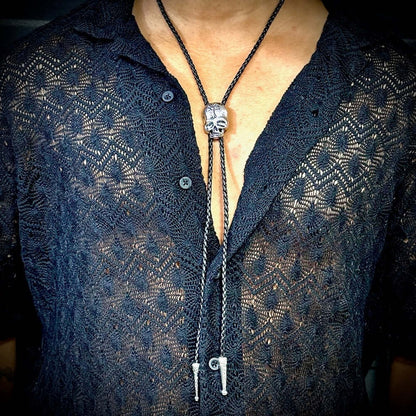 THE MEN THING Leather Necklace ROGER SKULL - Retro Alloy Pendant Bolo Tie | Adjustable Genuine Leather Cowboy Necktie Necklace for Men & Boys