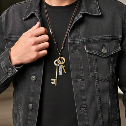 THE MEN THING Leather Necklace SILVER KEY OF FAITH   – 2.5-Inch Pure Stainless Steel Pendant with  Adjustable Leather Rope for Men & Boys