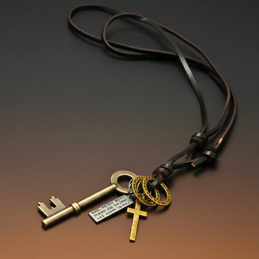 THE MEN THING Leather Necklace SILVER KEY OF FAITH   – 2.5-Inch Pure Stainless Steel Pendant with  Adjustable Leather Rope for Men & Boys