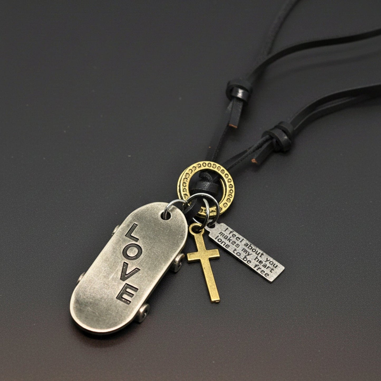 THE MEN THING Leather Necklace SILVER SKATE LOVE – 2-Inch Pure Stainless Steel Pendant with Adjustable Dark Brown Leather Rope for Men & Boys