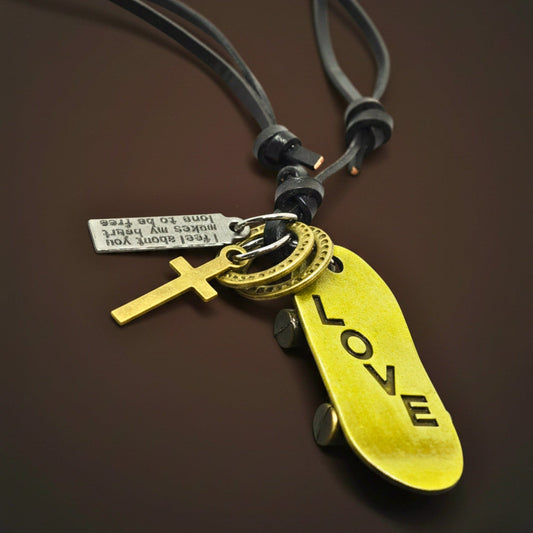 THE MEN THING Leather Necklace SKATE LOVE – 2-Inch Pure Stainless Steel Pendant with Adjustable Leather Rope for Men & Boys