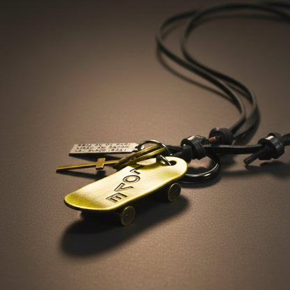 THE MEN THING Leather Necklace SKATE LOVE – 2-Inch Pure Stainless Steel Pendant with Adjustable Leather Rope for Men & Boys