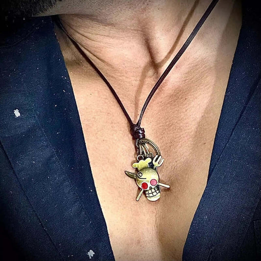 THE MEN THING Leather Necklace SKULL RED EYE BLACK - Vintage Alloy Golden Skull Pendant with Adjustable Pure Leather Cord Necklace for Men & Boys