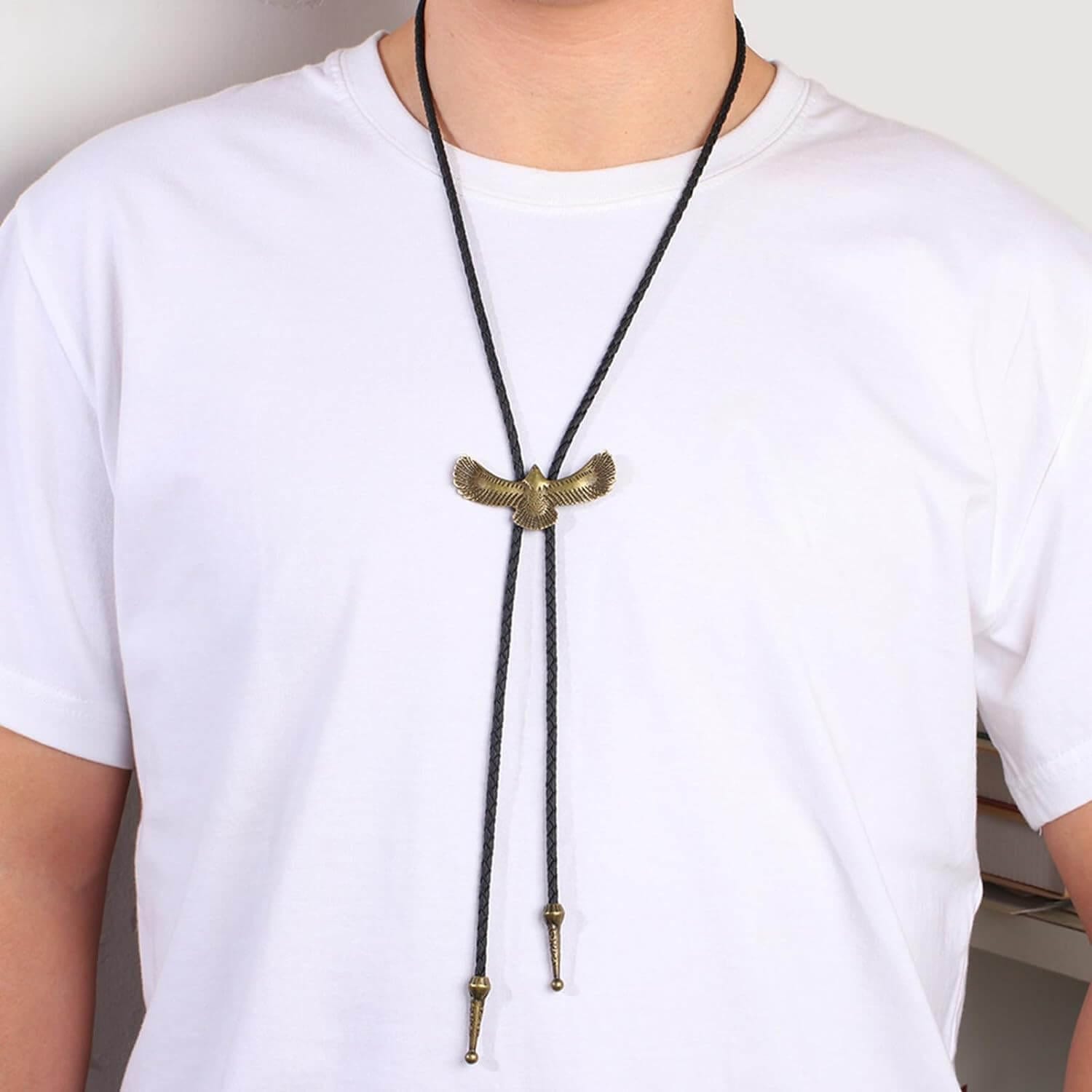 THE MEN THING Leather Necklace SOARING FALCON - Retro Alloy Pendant Bolo Tie | Adjustable Genuine Leather Cowboy Necktie Necklace for Men & Boys