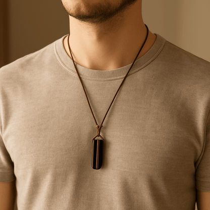THE MEN THING Leather Necklace TIGERS EYE - Natural Crystal Pendant with Adjustable Pure Leather Cord Necklace for Men & Boys