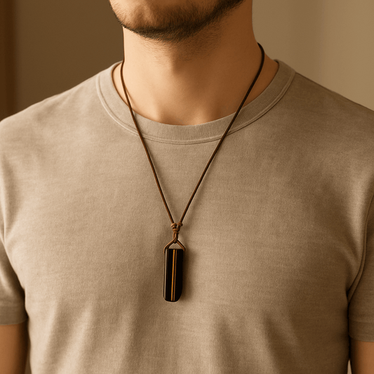 THE MEN THING Leather Necklace TIGERS EYE - Natural Crystal Pendant with Adjustable Pure Leather Cord Necklace for Men & Boys