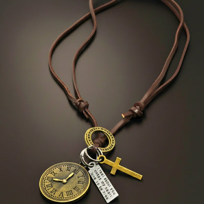 THE MEN THING Leather Necklace TIMELOCK – 1.2-Inch Pure Stainless Steel Pendant with Adjustable Brown Leather Rope for Men & Boys