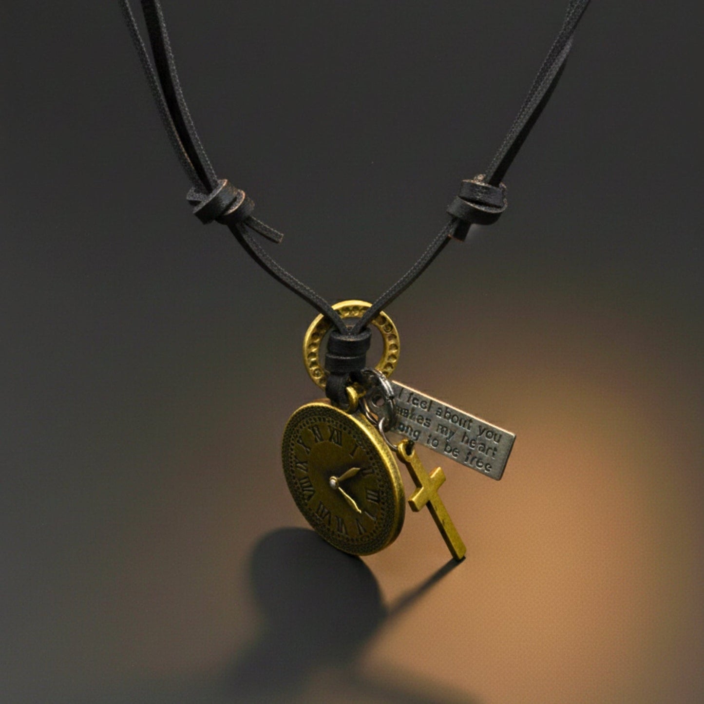 THE MEN THING Leather Necklace TIMELOCK – 1.2-Inch Pure Stainless Steel Pendant with  Adjustable Leather Rope for Men & Boys