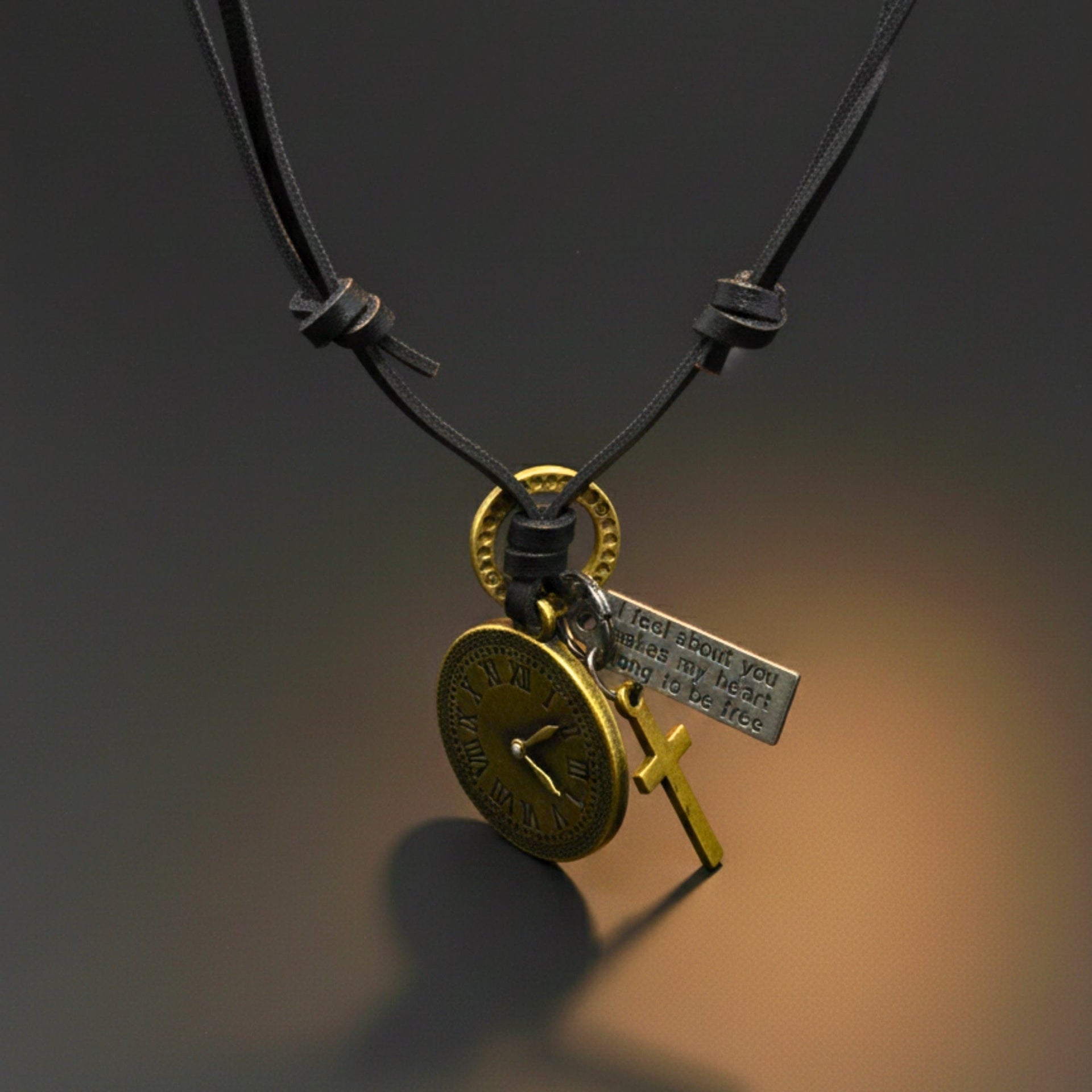 THE MEN THING Leather Necklace TIMELOCK – 1.2-Inch Pure Stainless Steel Pendant with  Adjustable Leather Rope for Men & Boys