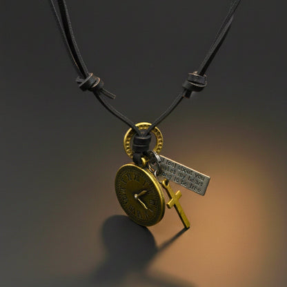 THE MEN THING Leather Necklace TIMELOCK – 1.2-Inch Pure Stainless Steel Pendant with  Adjustable Leather Rope for Men & Boys