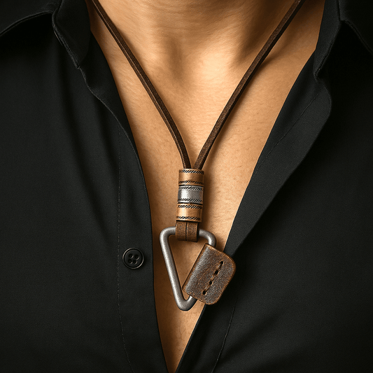 THE MEN THING Leather Necklace TRIGON BROWN - Vintage Alloy Triangle Pendant with Adjustable Pure Leather Cord Necklace for Men & Boys