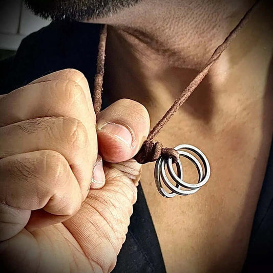 THE MEN THING Leather Necklace TRIWHEEL BROWN - Vintage Alloy Wind Round Pendant with Adjustable Pure Leather Cord Necklace for Men & Boys