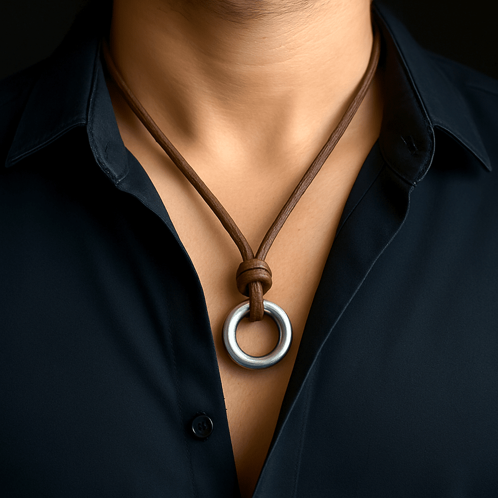 THE MEN THING Leather Necklace TWIN WHEEL BROWN - Vintage Alloy Double Circle Pendant with Necklace Cord for Men & Boys