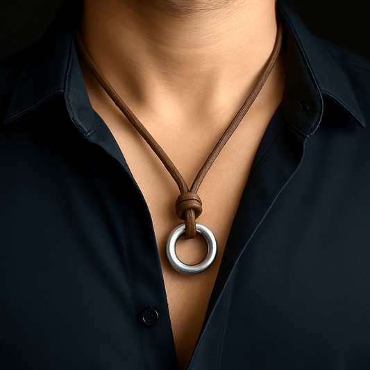 THE MEN THING Leather Necklace TWIN WHEEL BROWN - Vintage Alloy Double Circle Pendant with Necklace Cord for Men & Boys