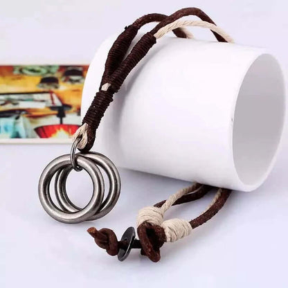 THE MEN THING Leather Necklace TWIN WHEEL TWO COLOUR - Vintage Alloy Double Ring Pendant with Pure Leather Cord Necklace for Men & Boys