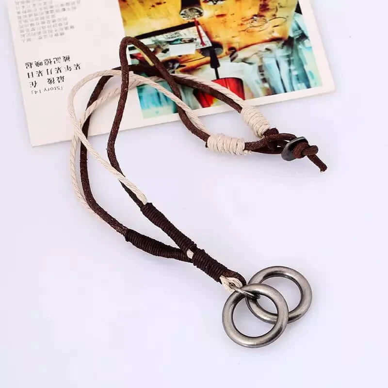 THE MEN THING Leather Necklace TWIN WHEEL TWO COLOUR - Vintage Alloy Double Ring Pendant with Pure Leather Cord Necklace for Men & Boys