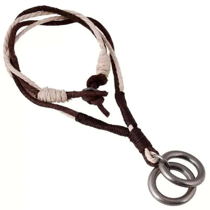 THE MEN THING Leather Necklace TWIN WHEEL TWO COLOUR - Vintage Alloy Double Ring Pendant with Pure Leather Cord Necklace for Men & Boys