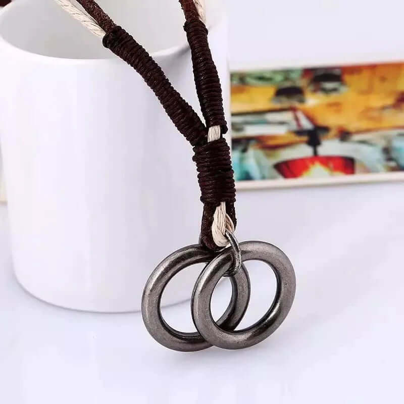 THE MEN THING Leather Necklace TWIN WHEEL TWO COLOUR - Vintage Alloy Double Ring Pendant with Pure Leather Cord Necklace for Men & Boys