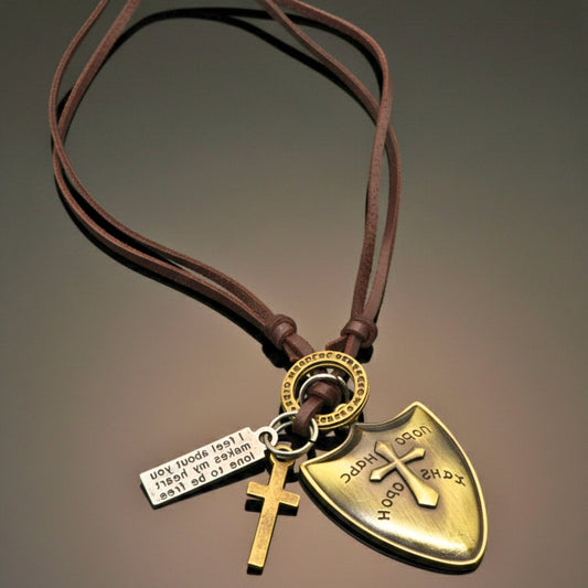 THE MEN THING Leather Necklace VALORBORN SHIELD – 2-Inch Pure Stainless Steel Pendant with Adjustable Leather Rope for Men & Boys