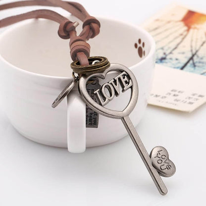 THE MEN THING Leather Necklace Vintage Alloy Key Heart Ring Pendant with Adjustable Pure Dark Orange Leather Cord Necklace for Men & Boys