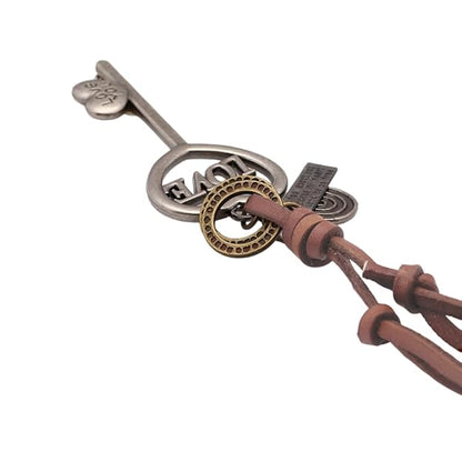 THE MEN THING Leather Necklace Vintage Alloy Key Heart Ring Pendant with Adjustable Pure Dark Orange Leather Cord Necklace for Men & Boys
