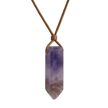 THE MEN THING Leather Necklace VIOLET APEX - Natural Crystal Unshaped Pendant with Adjustable Rope Chain for Men and Boys
