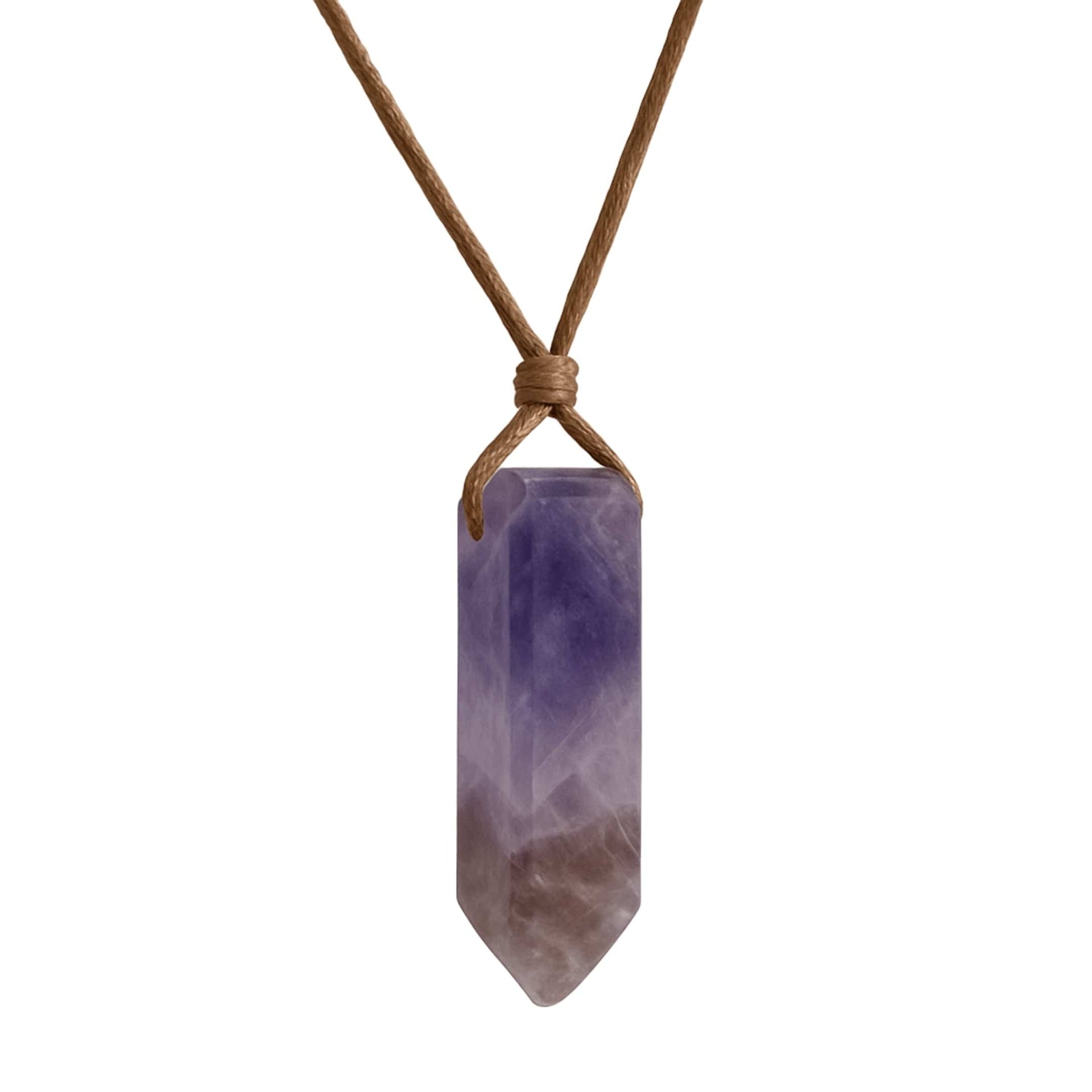THE MEN THING Leather Necklace VIOLET APEX - Natural Crystal Unshaped Pendant with Adjustable Rope Chain for Men and Boys