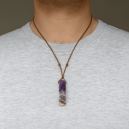 THE MEN THING Leather Necklace VIOLET APEX - Natural Crystal Unshaped Pendant with Adjustable Rope Chain for Men and Boys