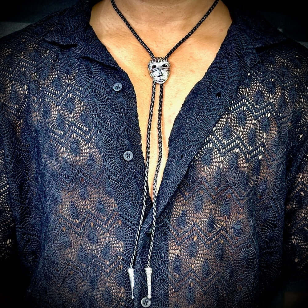 THE MEN THING Leather Necklace VISAGE MASK - Retro Alloy Pendant Bolo Tie | Adjustable Genuine Leather Cowboy Necktie Necklace for Men & Boys