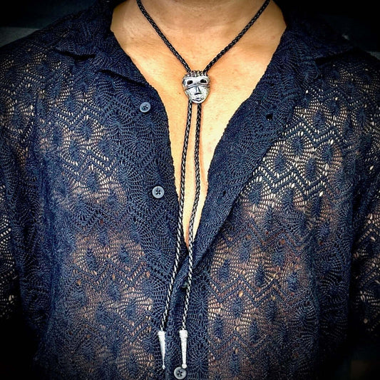 THE MEN THING Leather Necklace VISAGE MASK - Retro Alloy Pendant Bolo Tie | Adjustable Genuine Leather Cowboy Necktie Necklace for Men & Boys