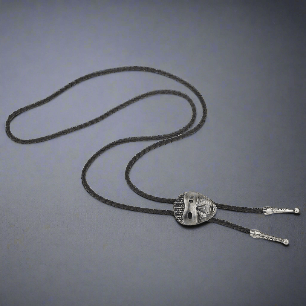 THE MEN THING Leather Necklace VISAGE MASK - Retro Alloy Pendant Bolo Tie | Adjustable Genuine Leather Cowboy Necktie Necklace for Men & Boys