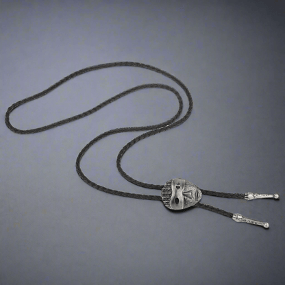 THE MEN THING Leather Necklace VISAGE MASK - Retro Alloy Pendant Bolo Tie | Adjustable Genuine Leather Cowboy Necktie Necklace for Men & Boys