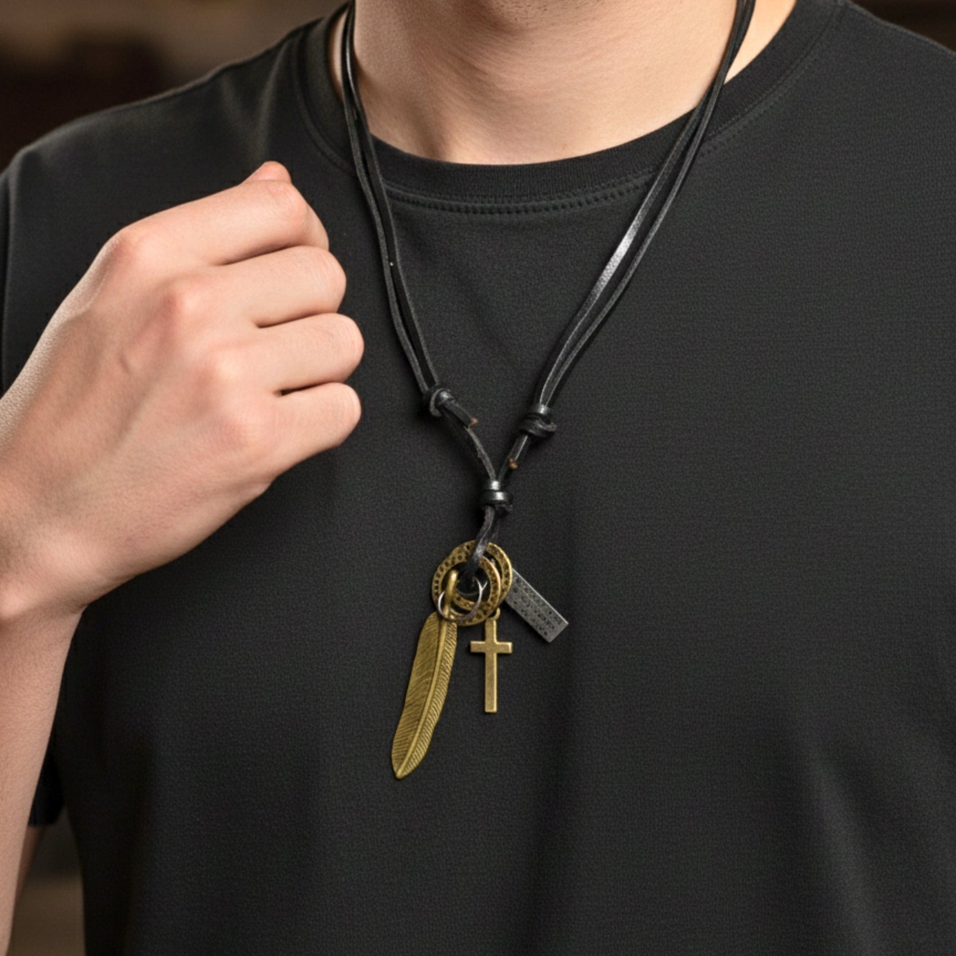 THE MEN THING Leather Necklace WANDERER’S FAITH - Brass Gold – 2.3-Inch Pure Stainless Steel Pendant with Adjustable Leather Rope for Men & Boys