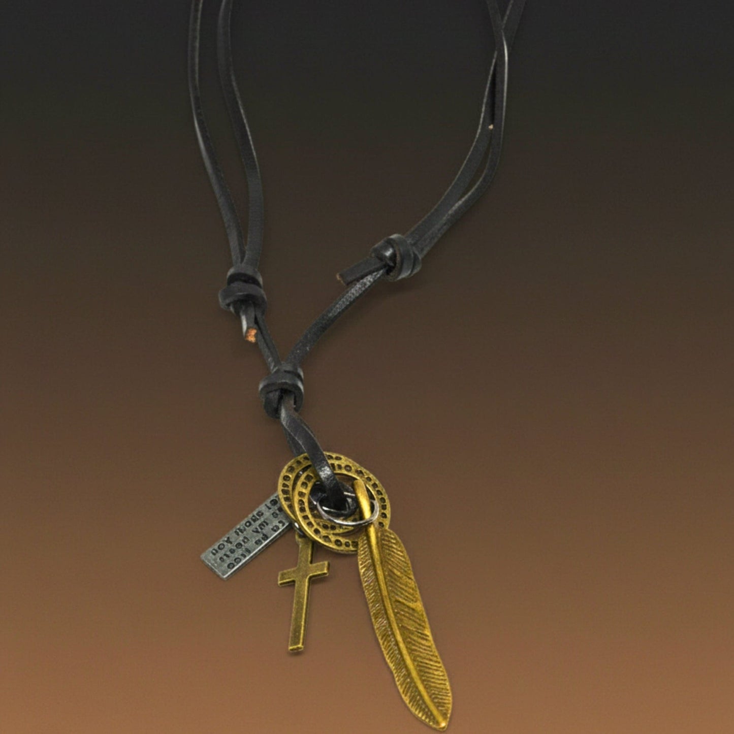THE MEN THING Leather Necklace WANDERER’S FAITH - Brass Gold – 2.3-Inch Pure Stainless Steel Pendant with Adjustable Leather Rope for Men & Boys