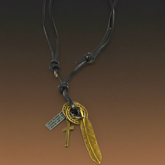 THE MEN THING Leather Necklace WANDERER’S FAITH - Brass Gold – 2.3-Inch Pure Stainless Steel Pendant with Adjustable Leather Rope for Men & Boys