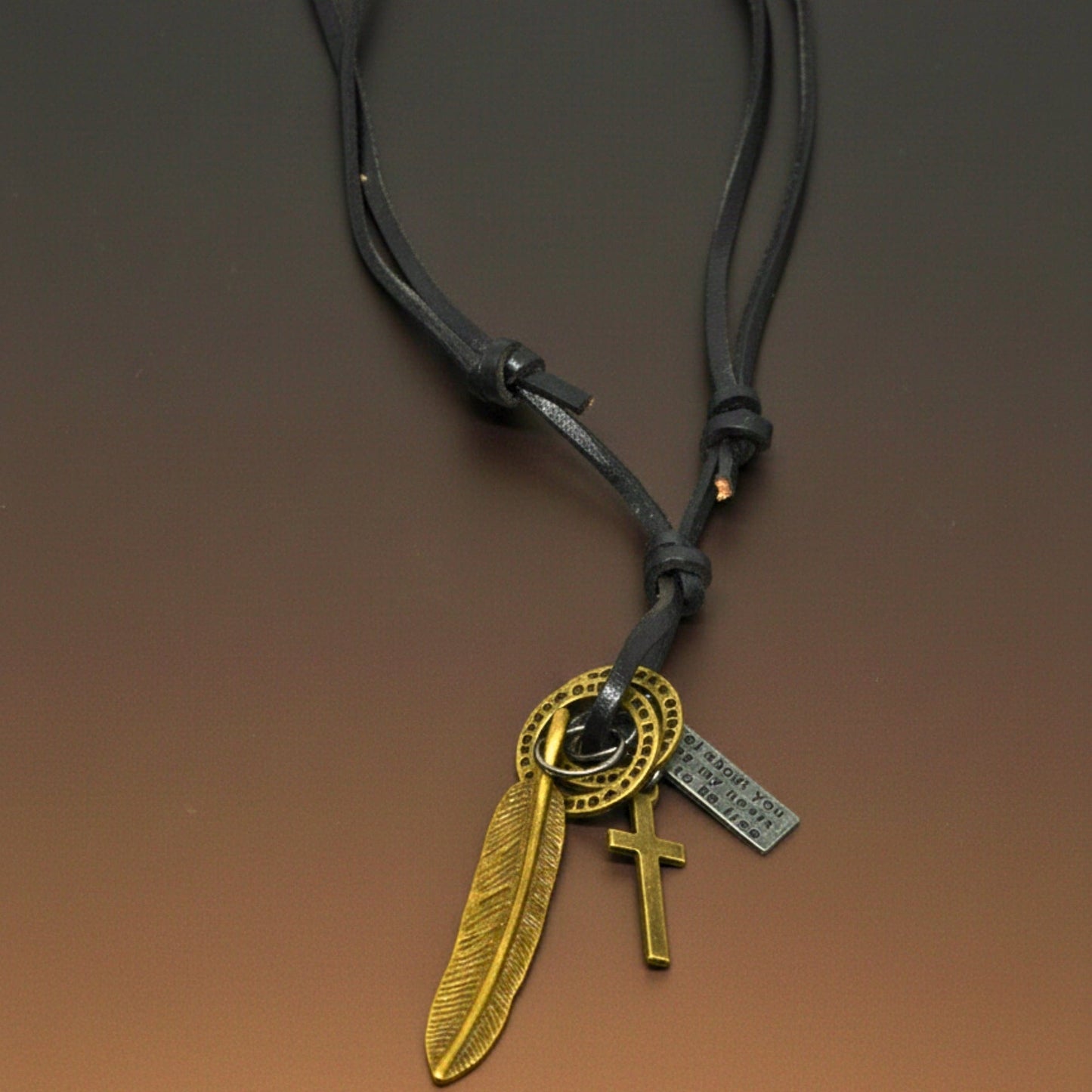 THE MEN THING Leather Necklace WANDERER’S FAITH - Brass Gold – 2.3-Inch Pure Stainless Steel Pendant with Adjustable Leather Rope for Men & Boys