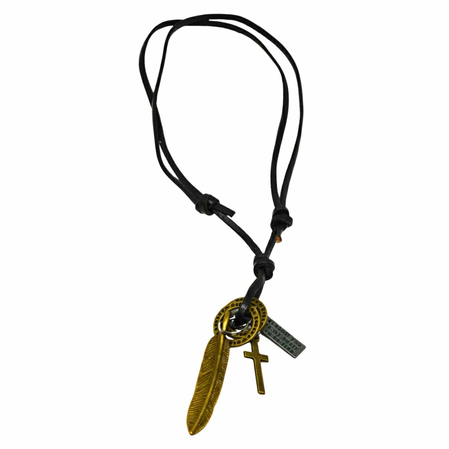 THE MEN THING Leather Necklace WANDERER’S FAITH - Brass Gold – 2.3-Inch Pure Stainless Steel Pendant with Adjustable Leather Rope for Men & Boys