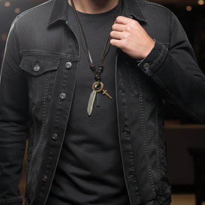 THE MEN THING Leather Necklace WANDERER’S FAITH - SILVER – 2.3-Inch Pure Stainless Steel Pendant with Adjustable Leather Rope for Men & Boys