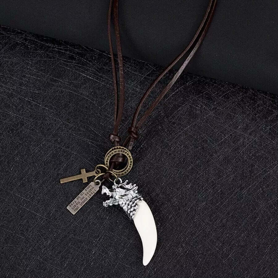 THE MEN THING Leather Necklace WHITE WOLF TOOTH -  Leather Necklace for Men - Vintage  Pendant with Adjustable Pure Leather Cord Necklace for Men & Boys