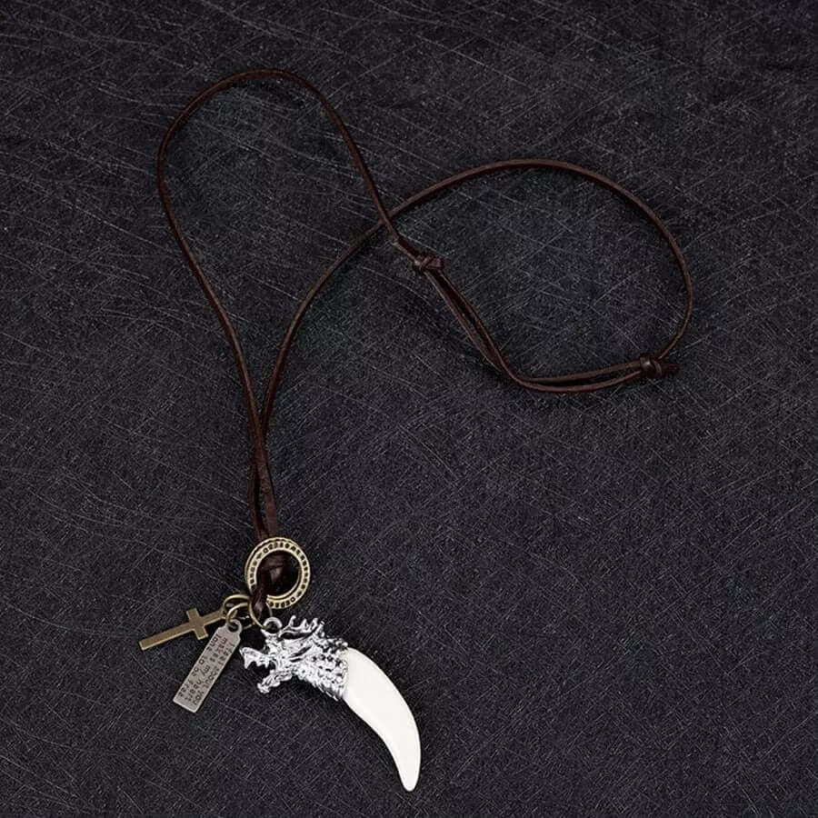 THE MEN THING Leather Necklace WHITE WOLF TOOTH -  Leather Necklace for Men - Vintage  Pendant with Adjustable Pure Leather Cord Necklace for Men & Boys