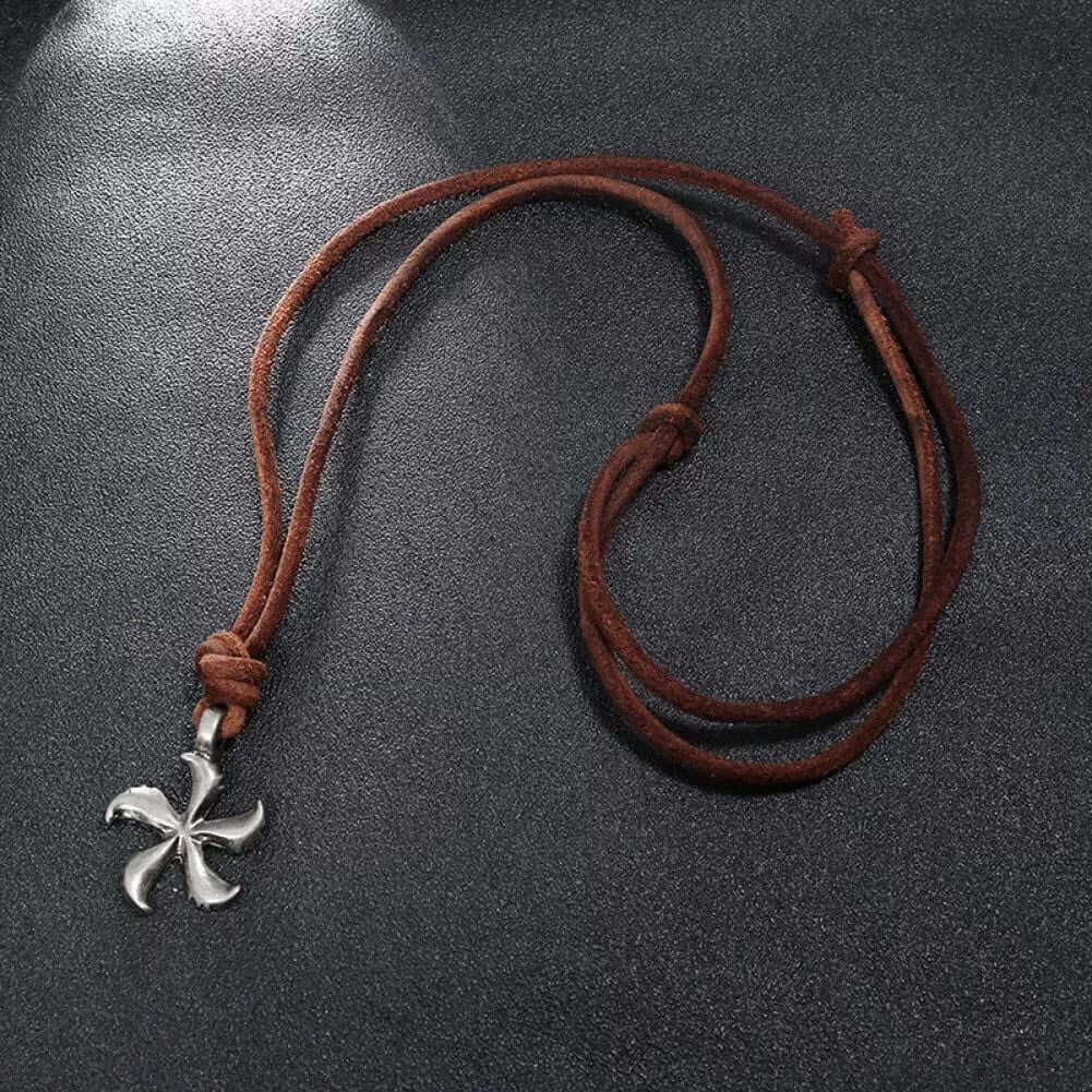 THE MEN THING Leather Necklace WINDMILL BROWN - Vintage Alloy Windmill Pendant with Adjustable Pure Leather Cord Necklace for Men & Boys
