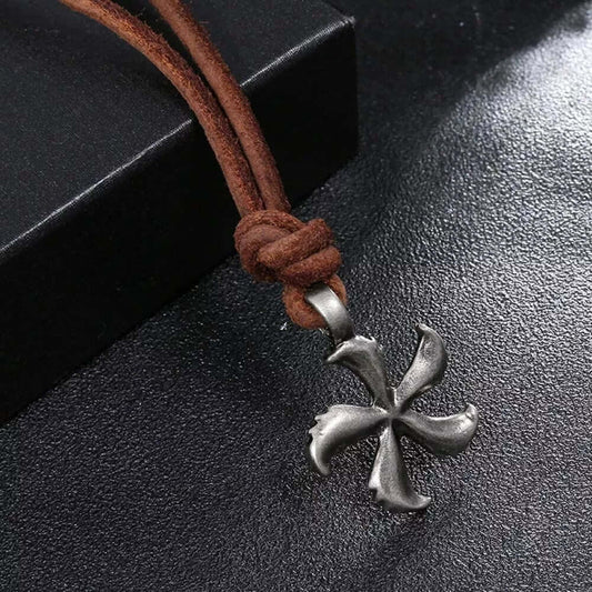 THE MEN THING Leather Necklace WINDMILL BROWN - Vintage Alloy Windmill Pendant with Adjustable Pure Leather Cord Necklace for Men & Boys