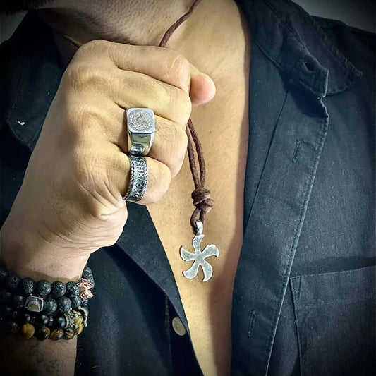 THE MEN THING Leather Necklace WINDMILL BROWN - Vintage Alloy Windmill Pendant with Adjustable Pure Leather Cord Necklace for Men & Boys