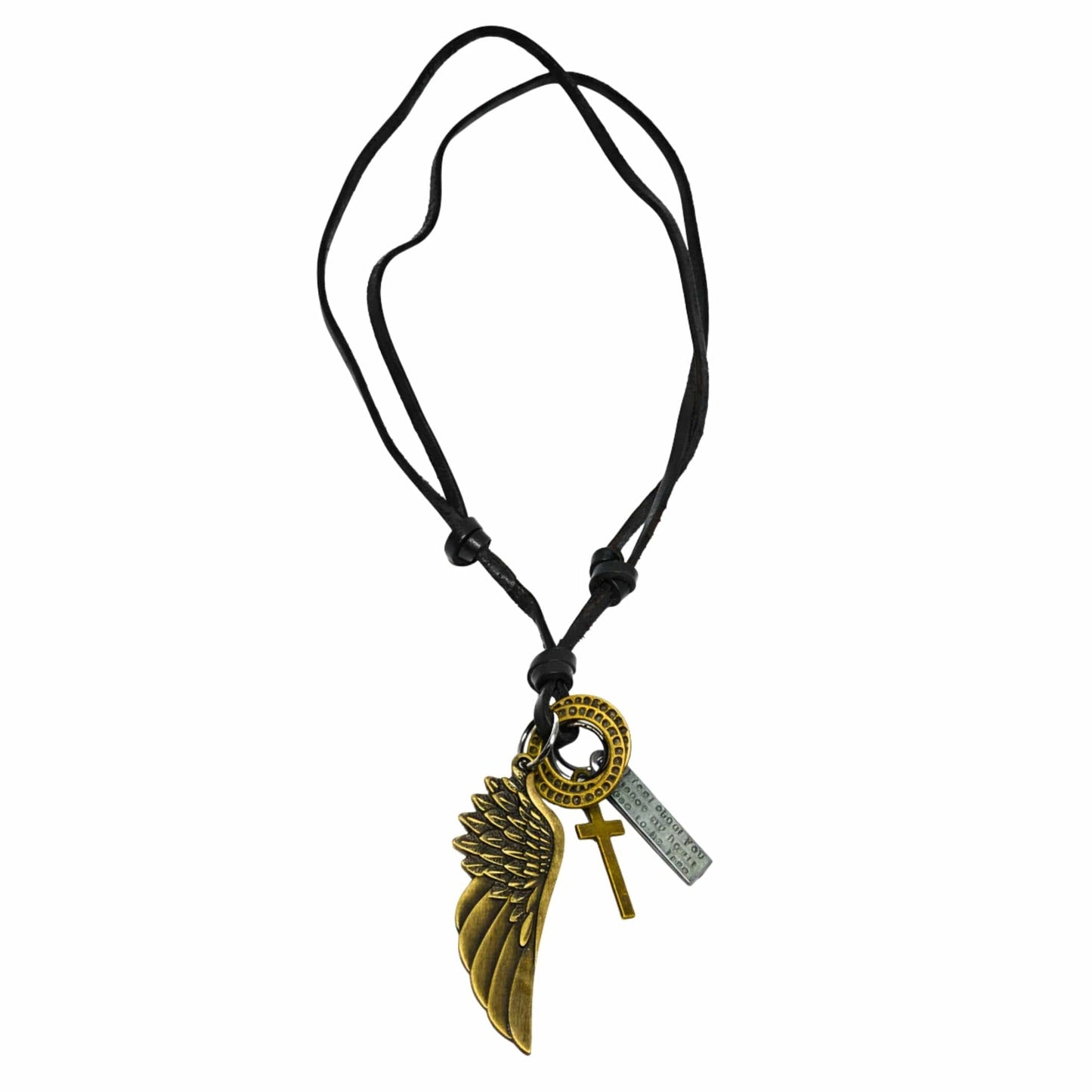 THE MEN THING Leather Necklace WINGS OF FAITH – 2-Inch Pure Stainless Steel Pendant with Adjustable Leather Rope for Men & Boys