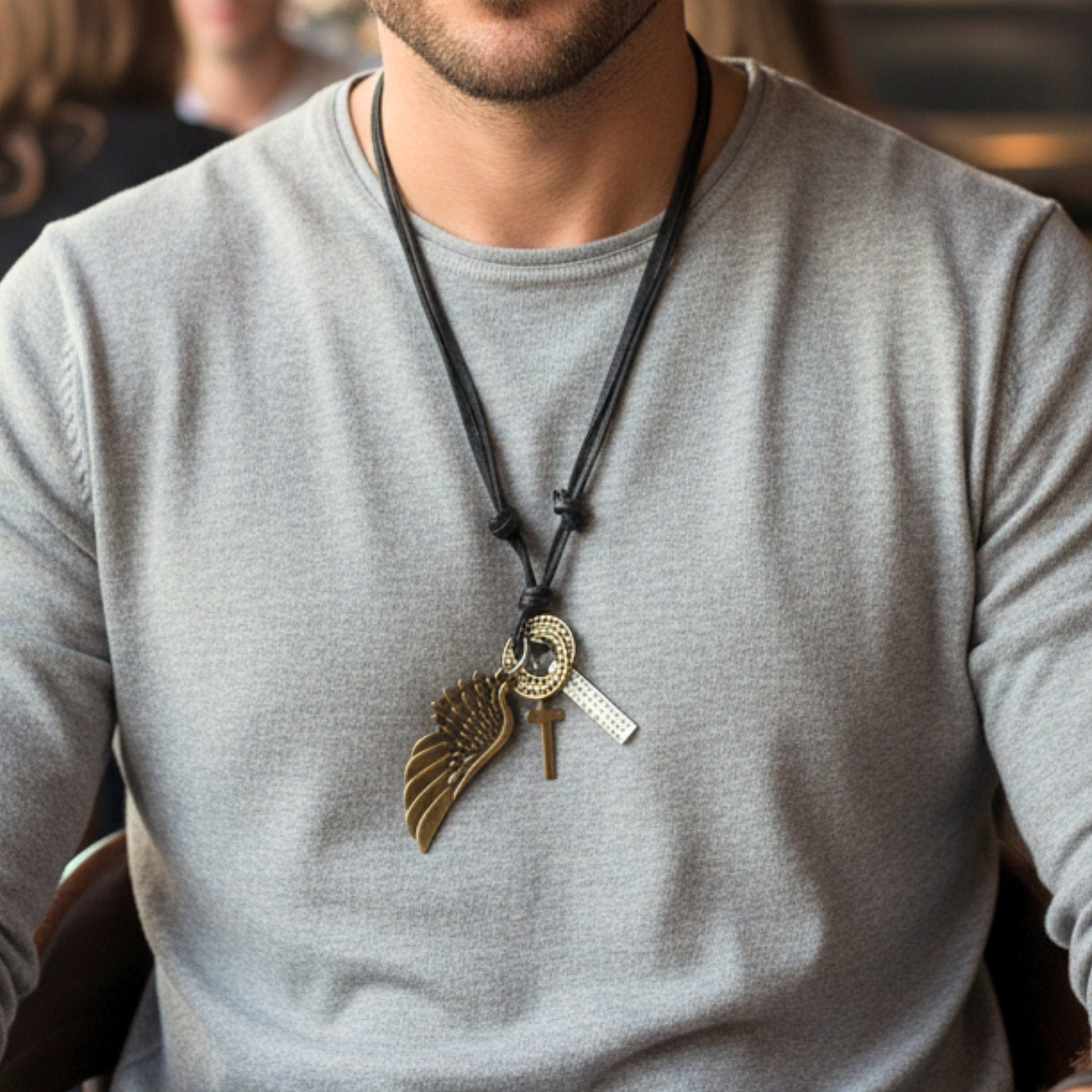 THE MEN THING Leather Necklace WINGS OF FAITH – 2-Inch Pure Stainless Steel Pendant with Adjustable Leather Rope for Men & Boys