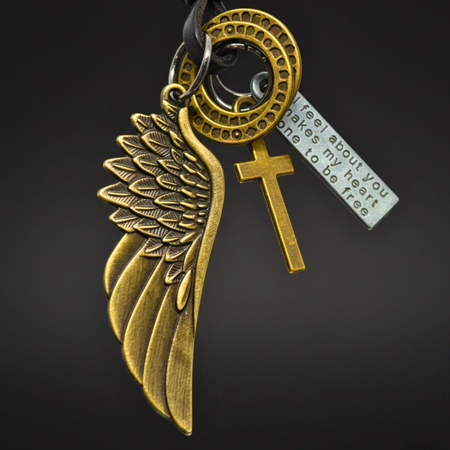 THE MEN THING Leather Necklace WINGS OF FAITH – 2-Inch Pure Stainless Steel Pendant with Adjustable Leather Rope for Men & Boys